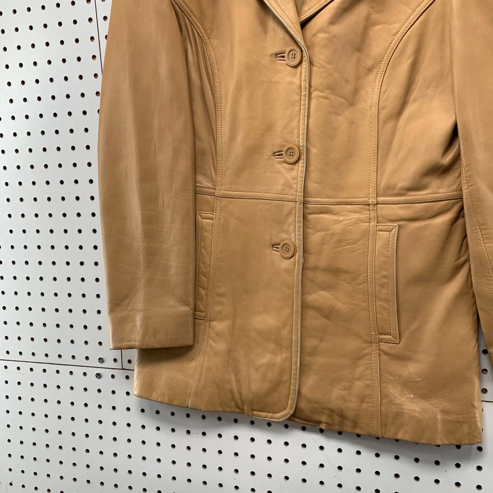 Chaqueta de cuero vintage de la colección Adler para mujer pequeña color tostado blazer con botones Foto 3 de 4