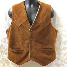 Leather Sherpa Vest Sz 44 cowboy biker rancher Vintage 80s Berman Buckskin Suede