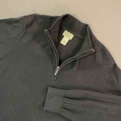 LL Bean Sweater Men LG Cashmere Blend Black 1/4 Zip Mock Neck Cotton Pullover