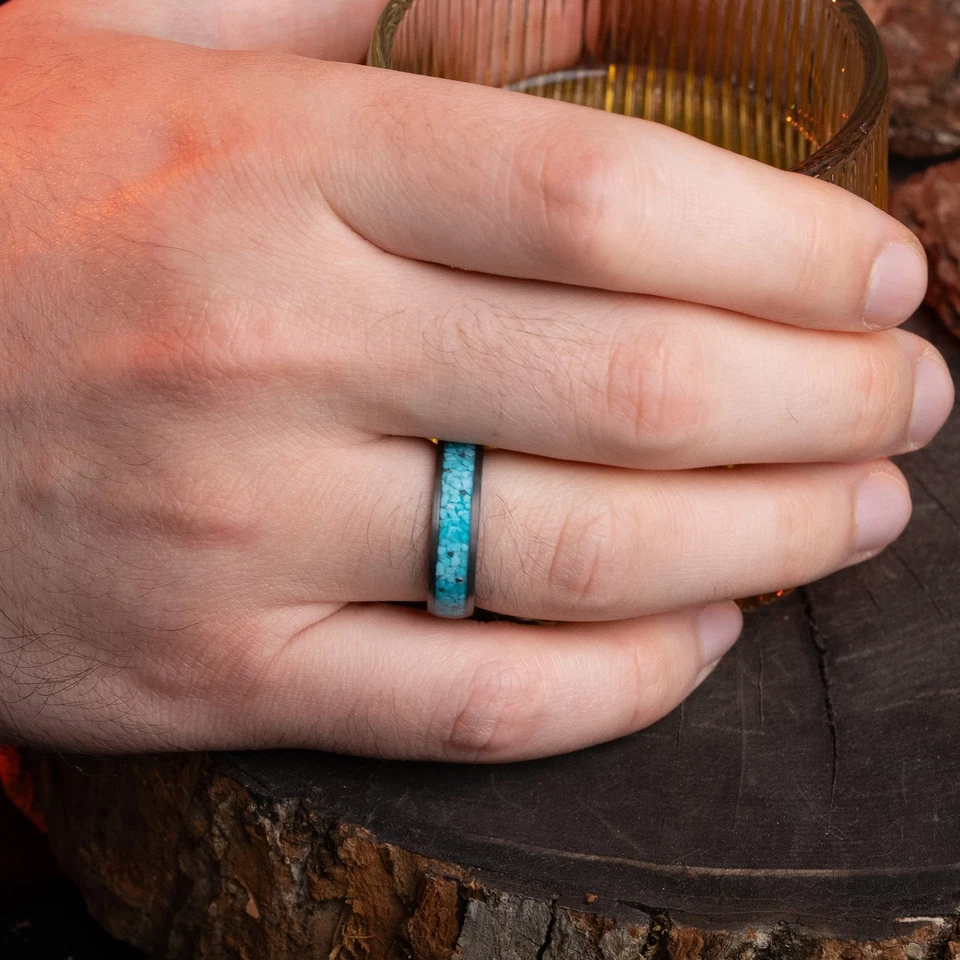 Alianza de boda Meteorito x Turquesa Carburo de Tungsteno para mujer u hombre 6 mm Foto 3 de 4