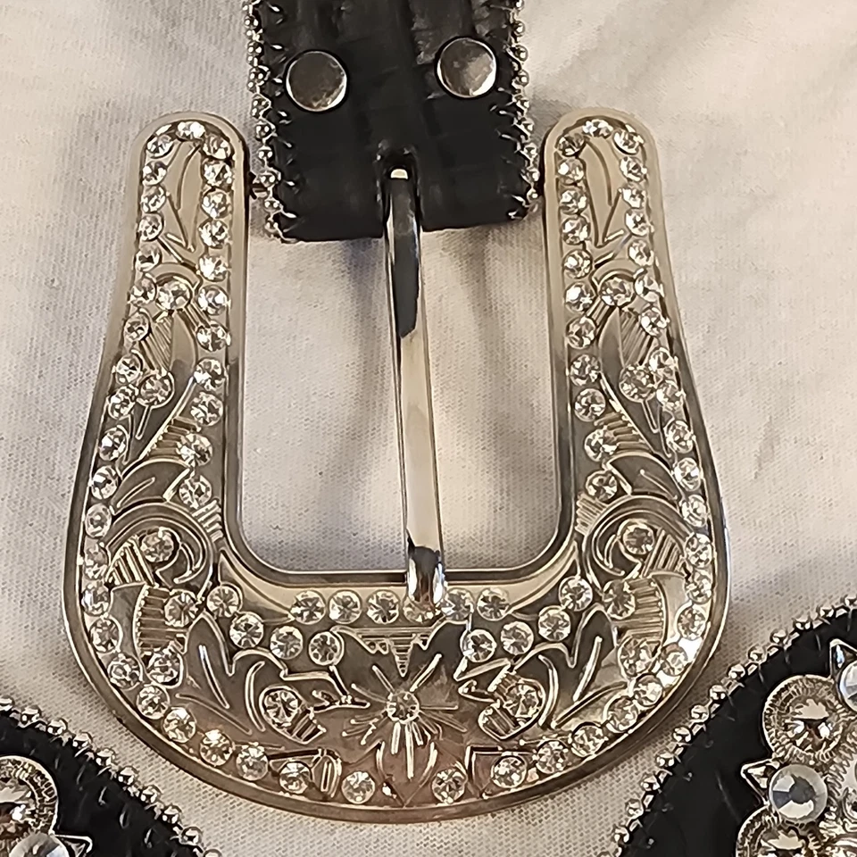 Western Negro Cuero Plata y Estrás Acento Concho Cadena Mujer XL Cinturón Foto 3 de 4