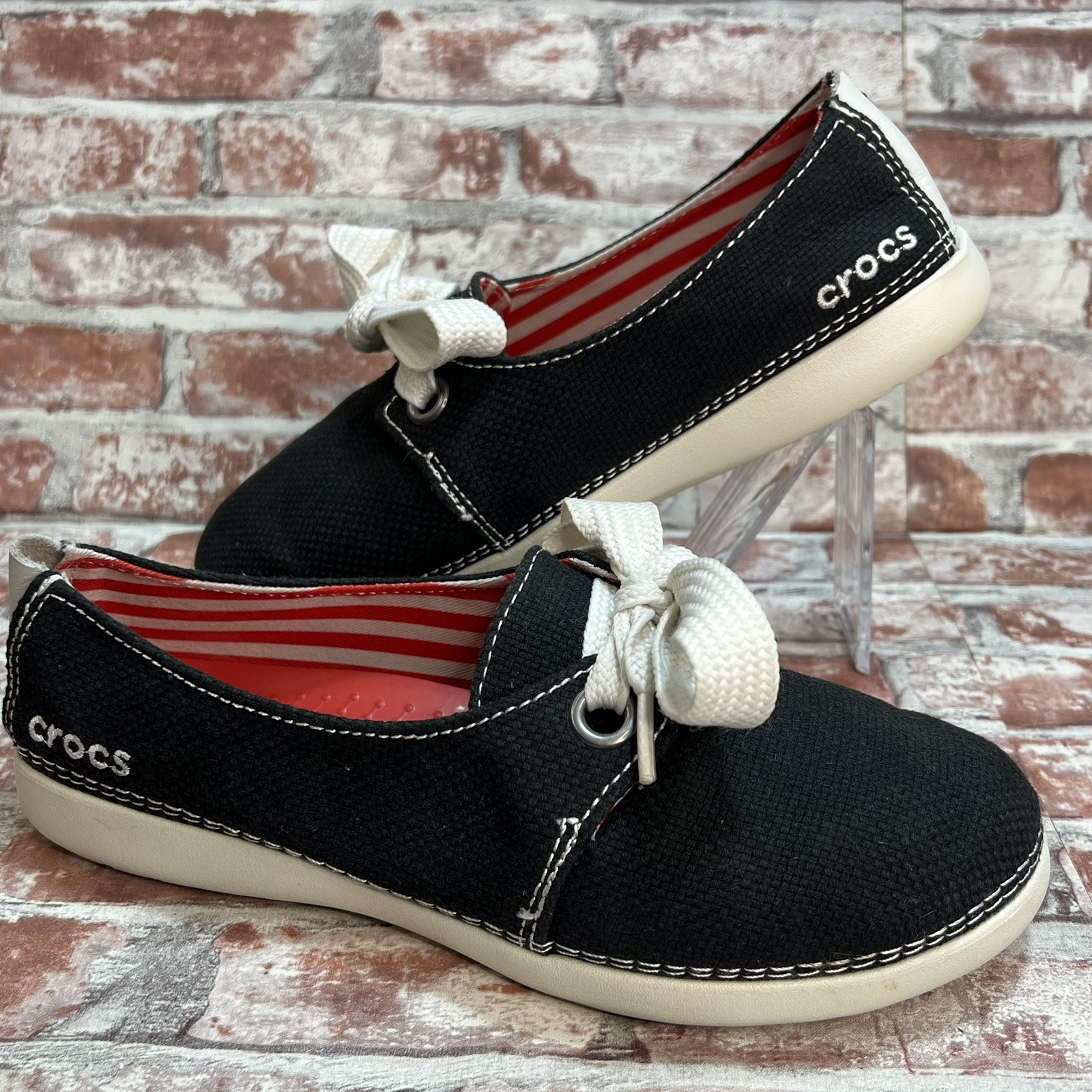 Crocs 11976 Thick Lace Black Canvas Boat Slip On Sneaker Wom
