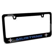 Ford Mustang In Blue Dual Logos Black Metal License Plate Frame Ford Mustang In Blue Dual Logos Black Metal License Plate Frame