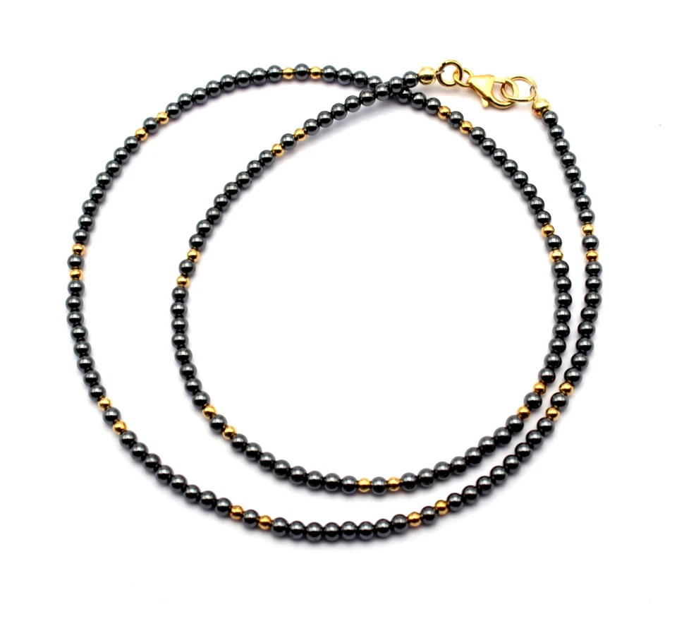 Ematite Collana Pietre Preziose Sfera Collier 925 Argento Dorato Metallico Nero - Immagine 4 di 4