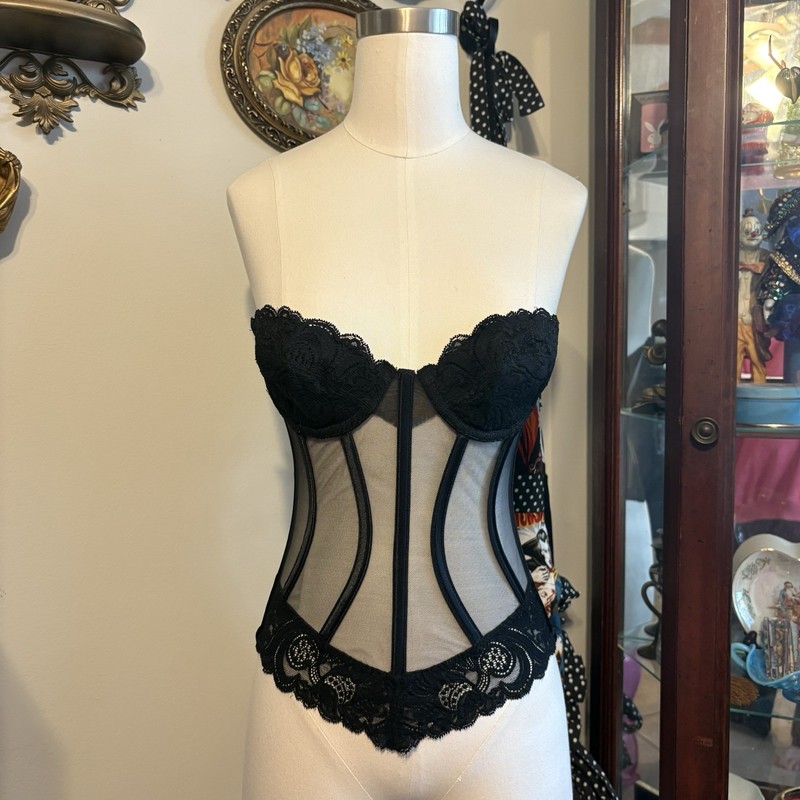 Victoria's Secret Black Mesh Lace Strapless Underwire Bustier 34B Boned