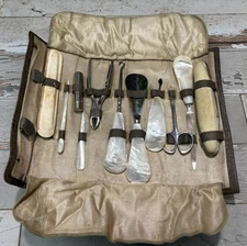 VTG /Antique 1900's Manicure Nail Kit Leather Roll-Up Case Collector's Item