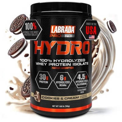 Labrada Hydro 100% Pure Hydrolyzed Whey Protein Isolate Powder, Lactose free, 6g
