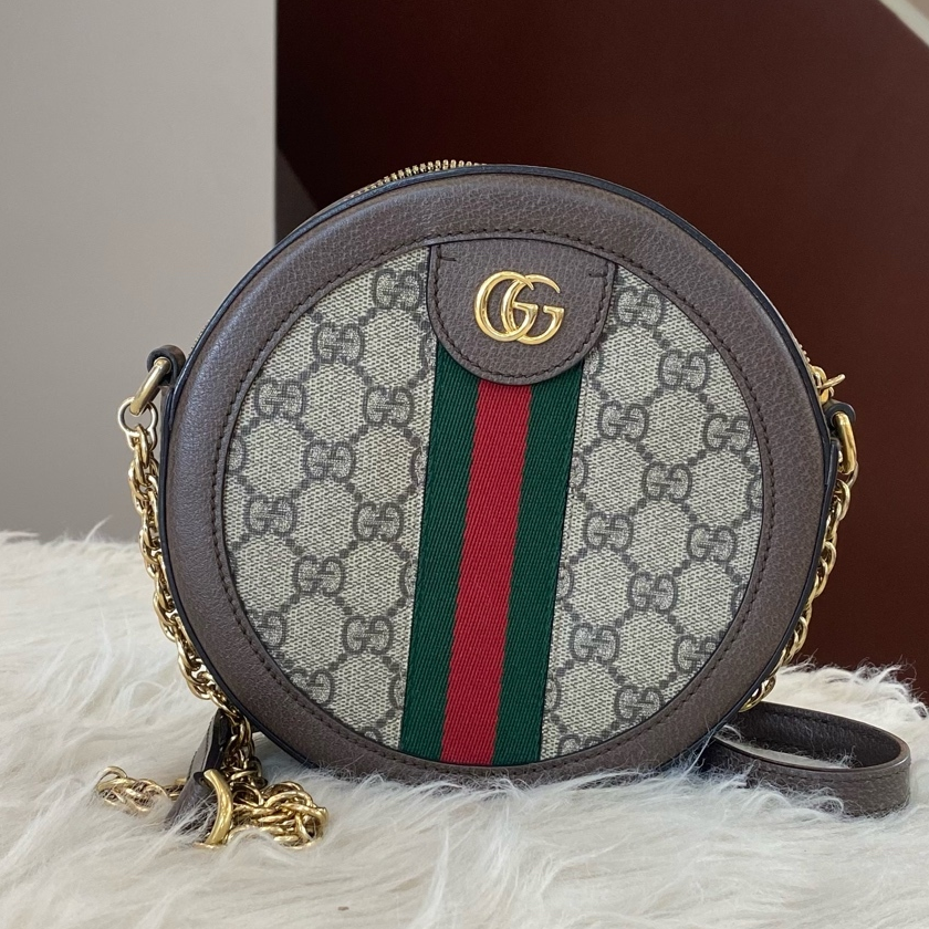 Gucci GG Marmont Round Bag Brown Gold Chain Crossbody Classic Women