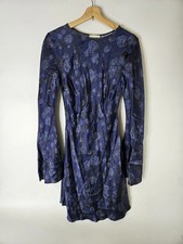 Ganni Mini Dress Womens 38 Navy Blue Floral Print Bell Sleeve Viscose Boho Chic