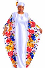 White Floral African Kaftan Dress for Women with Matching Headwrap, Free Size