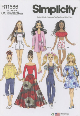 Simplicity R11686 Fashion Doll Clothes Sewing Pattern One Size