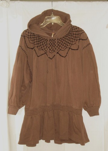 FREE PEOPLE Marty Smocked Mini Dress Hoodie Embroidered Smocked Cotton SIZE M - Picture 2 of 5