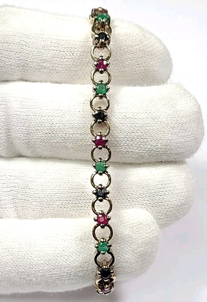 Sterling Silver Gold Tone Reddish Ruby Green Emer… - image 2
