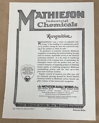 Mathieson Alkali Works 1928 vintage print ad 1920s art factory industry chemical