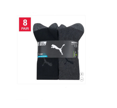Socks Mens PUMA Crew 8 Pair Black Gray New Moisture Wicking Shoe Size 6-12 NEW