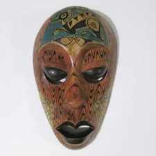 Carved Wood Tribal Face Mask Hand Painted Wall Hanging 10" Long