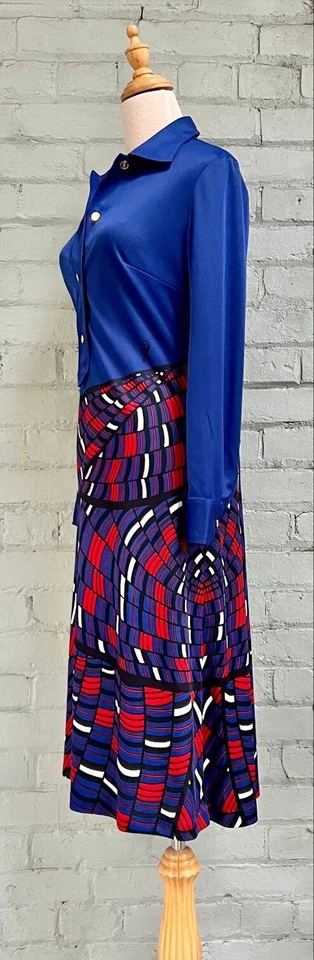 Vestido Camisa Midi Vintage Años 70 Roberta Di Camerino Azul Trampantojo L’oeil / Pequeño Foto 4 de 4