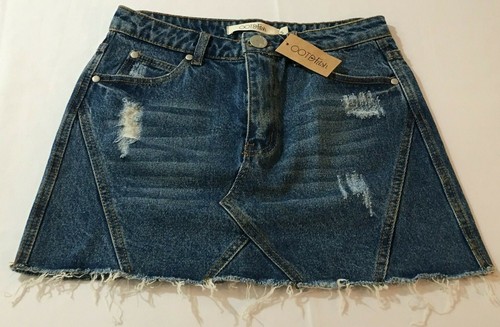 Women's 27" Waist Jean Skirt Dark Wash Distressed Raw Hem 5-Pocket Cotton NWT