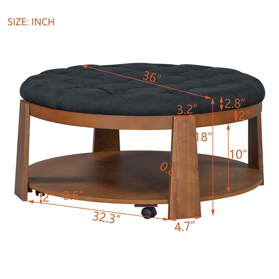 Modern Ottoman Round Ottoman Coffee Table 2-Tier Oversized Button Tufted Wheels - Image 2 of 4