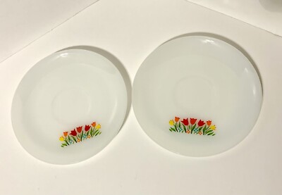 2 Vintage Anchor Hocking Fire King Milk Glass Saucers Tulip Time White USA
