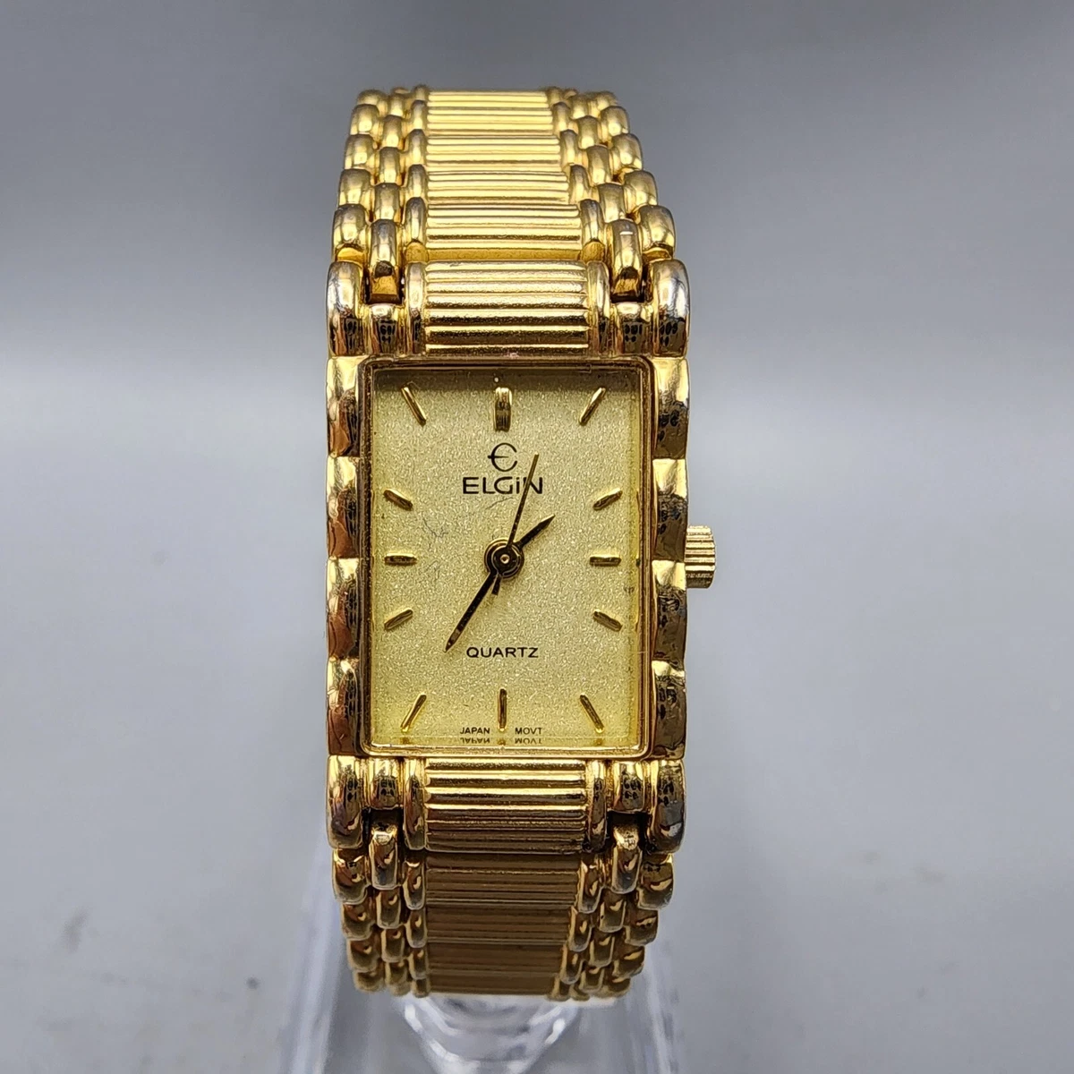 Elgin Tank Watch Women Gold Tone Gold Dial 16mm Rectangle New Battery