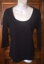 TALBOTS Black Applique Stitched Bodice, Super Soft Pima Cotton TOP SHIRT, M