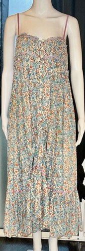 Free People langes blaues Blumenmusterkleid mit Knopfleiste vorne offener Rücken voll XS - Bild 3 von 11