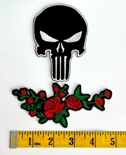 Embroidered Patch Set - Punisher Skull with Roses - Iron-on/Sew-on - 2-Patch Set - Picture 2 of 2
