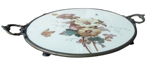 Ancien Plat à gâteau Plateau Céramique Décor Floral Papillon Polychrome - Bild 4 von 8