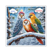 Funny Birds Oil Painting Kiss-Cut Stickers, Cartoon Birds in Hats,  Snowy Branch