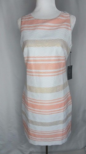 Abito Vince Camuto Tg 2 Senza Maniche Nido d'Ape Jacquard Corallo/Bianco Nuovo con etichette REG 138,00 - Foto 1 di 7