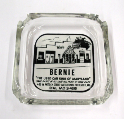 Rare ''Bernie Winkle'' The Used Car King Of Maryland'' Frederick Md Glass Ashtray