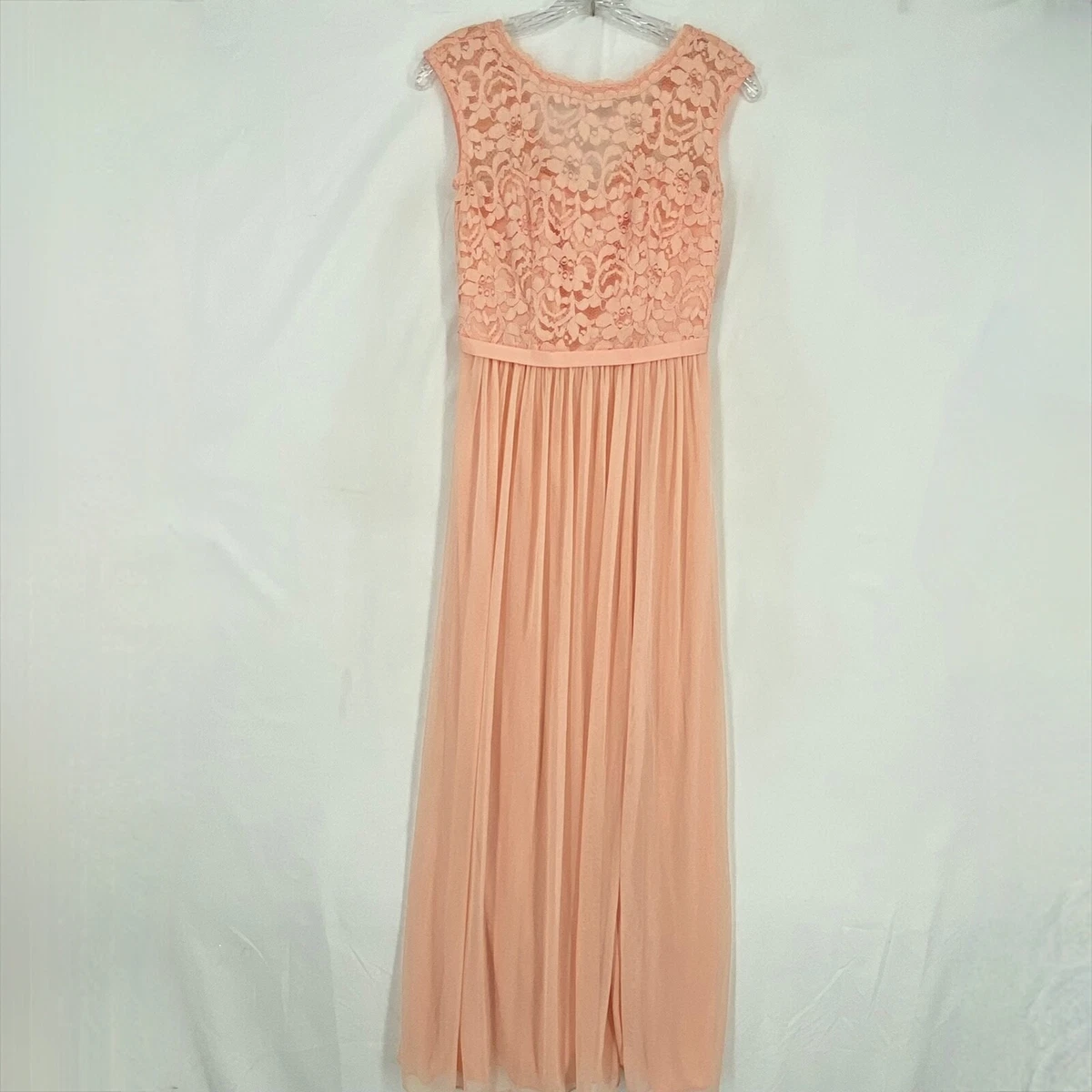 David s Bridal Womens Size 0 Long Dress Gown Blush Peach Lace Bodice Sleeveless