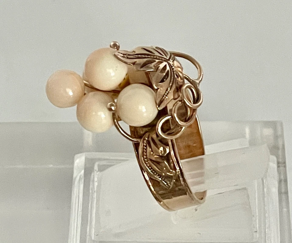 Anillo Vintage Oro 14K Coral Oro Rosa Racimo de Uva Hoja Floral 5.5 g Foto 2 de 4