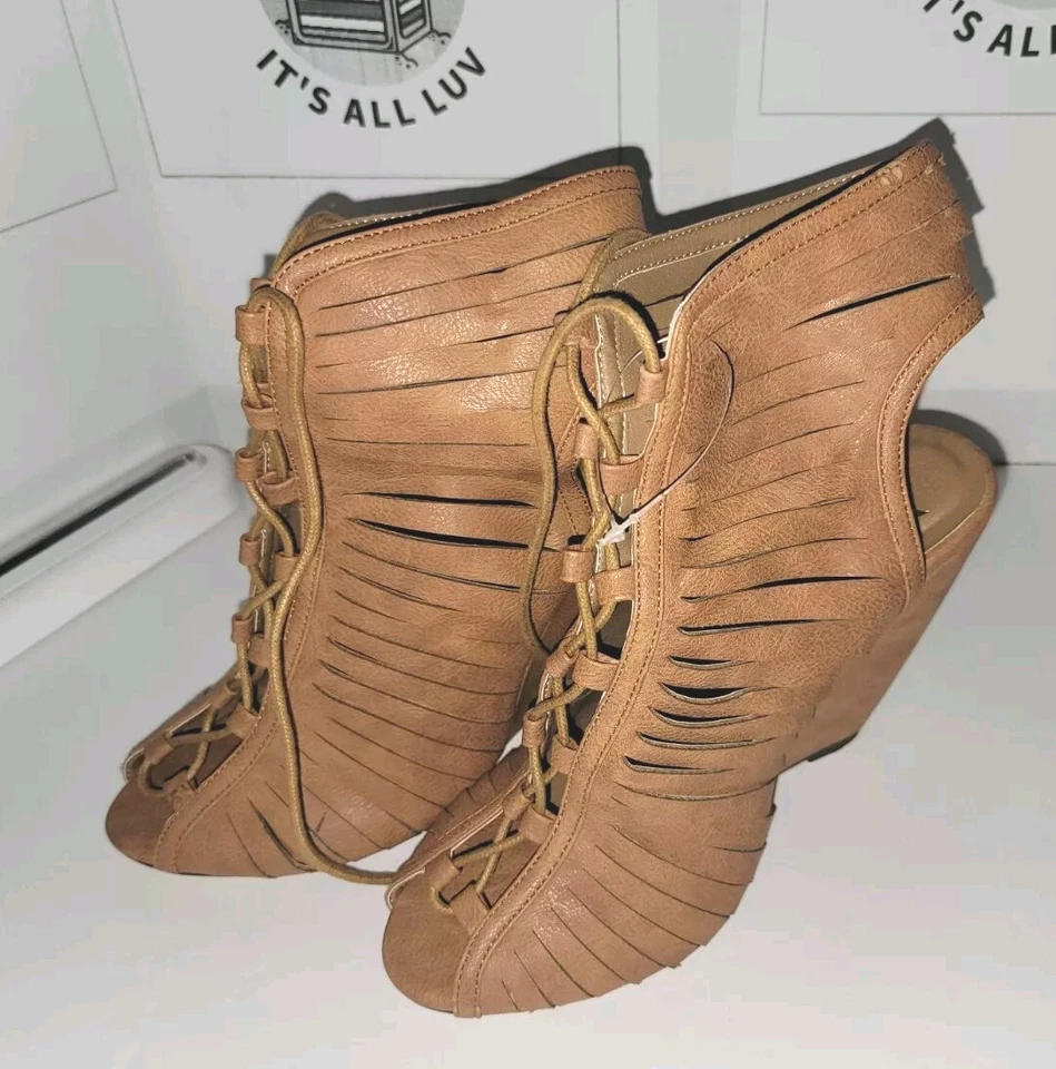 Nuevo Damas Tostado 4.5" Alto Tacón de Cuña Con Cordones Correa al Tobillo Zapatos MUJERES Talla 8.5 Foto 3 de 4