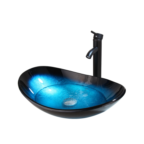 US Bathroom Oval Vessel Sink Blue Tempered Glass Bowl Faucet Mixer Tap Drain Set - Picture 9 of 12
