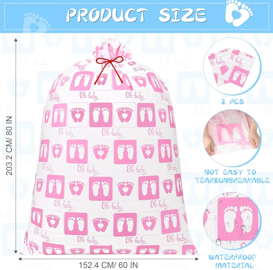 2 Pcs 80 X 60 in Jumbo Bike Gift Bags Extra Large Baby Footprint Plastic Present - Image 2 of 4