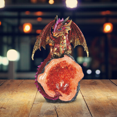 Volcano Dragon Guarding Faux Crystal Cave Statue 8"H Fantasy Figurine ...