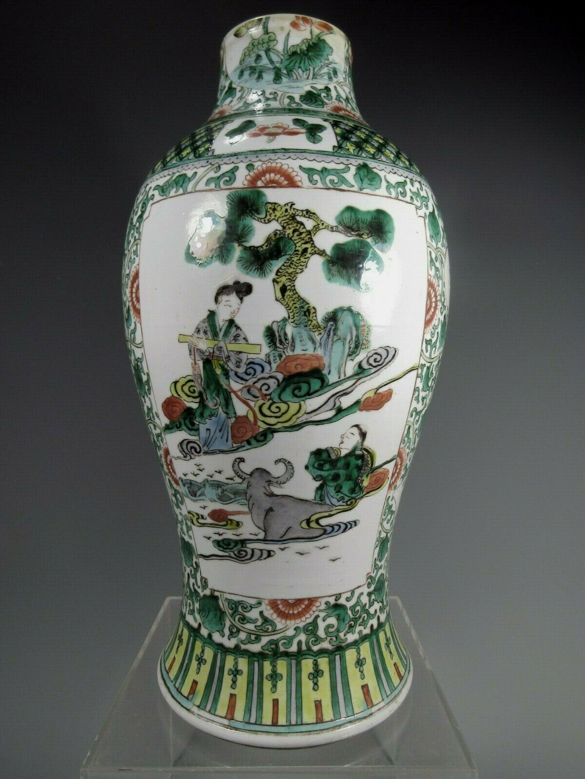 China Chinese Famille Verte Vase w/ Allover Intricate Decor Qing