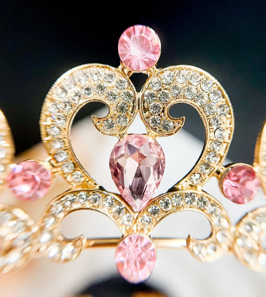 Tiara de Cristal Rosa, Tiara Dorada Niña, Tiara en Forma de Corazón, Tiara Fiesta Princesa Foto 2 de 4