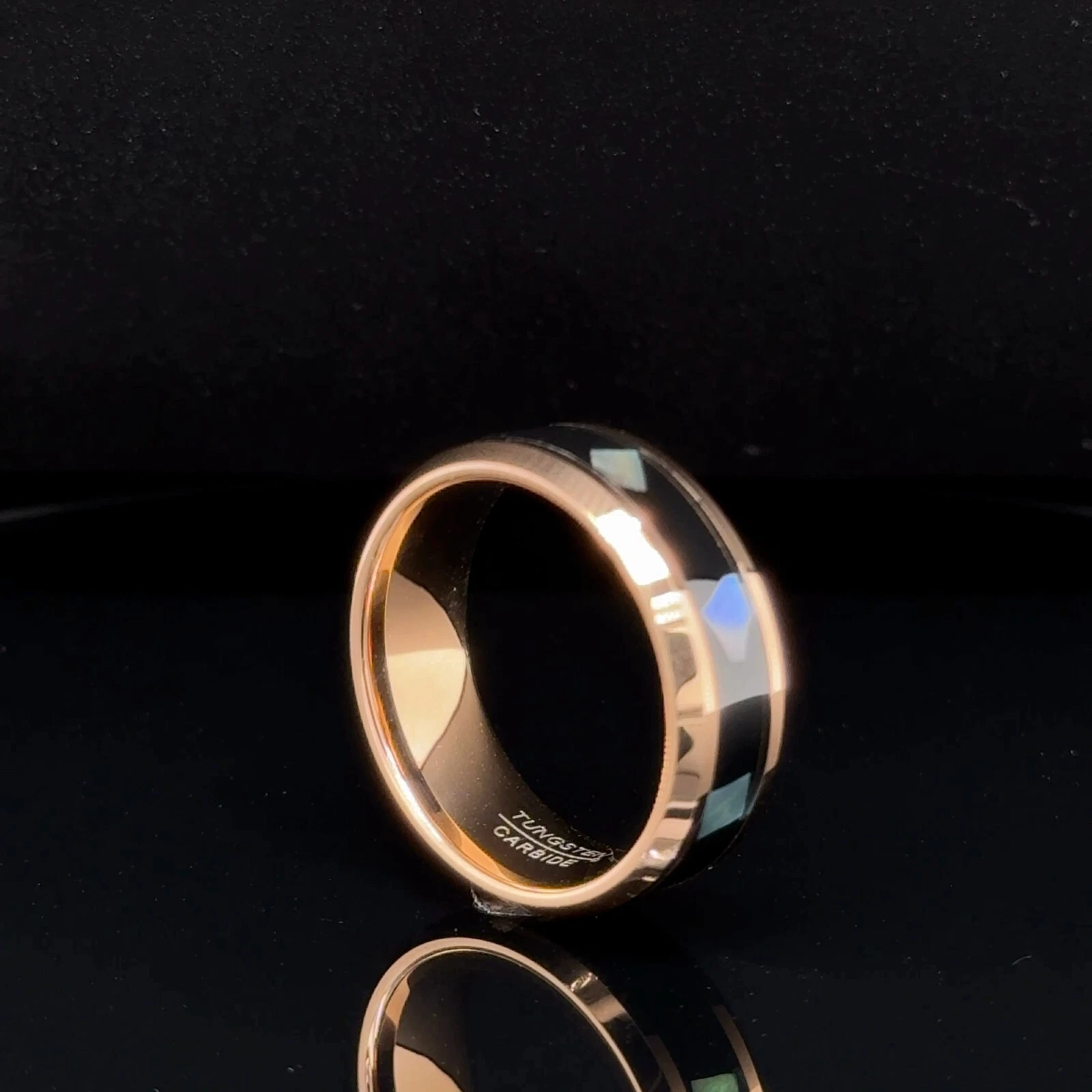 Durable 8mm Unisex Rose Gold Tungsten Ring Faceted Black Inlay Comfort Fit Band