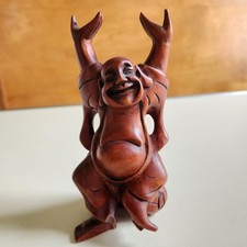 Laughing Buddha Figure Hands and Arms Up Teak Wood 5" Vintage