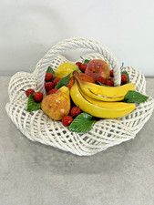 Rare Vintage Large Capodimonte Fruit Ceramic Weaved Basket Italy Pottery