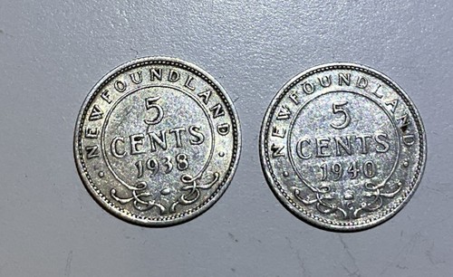 2 Newfoundland 5 Cents 1938 & 1940c KM-19. .925 Silver 5C coin. George VI. XF/AU