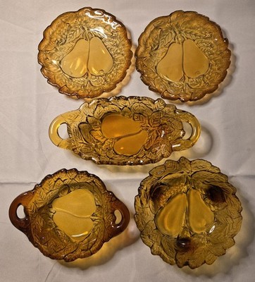 5 Pieces Vintage Indiana Glass Tiara Burnt Honey Amber Pear Relish Dish Bowls