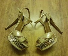 Black Sand High Heel Platform Beige Glittery All Leather Party Sandals Size 6.5