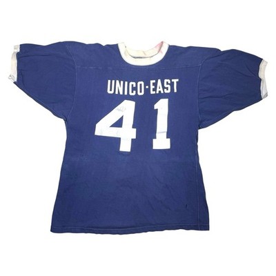 Vintage 70s Unico East Football Jersey Ringer T-shirt Navy Blue Distressed