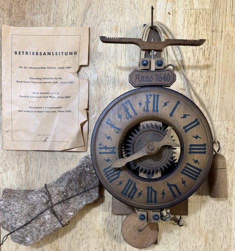 Black Forest Anno 1640 Wood Weighted Clock with Weight & Original Instructions