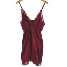 Burgundy Lace Satin Slip Dress Romantic V-Neck Chemise Nightgown Feminine L