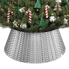 Christmas Tree Collar, 28 Inch Silver Woven Xmas Tree Skirt for 7.5 ft Trees,...